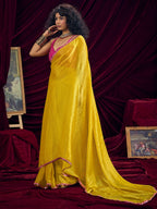 Classic Yellow Solid Art Silk Saree Featuring Sequins Embroidery & Gota Patti Lace Border