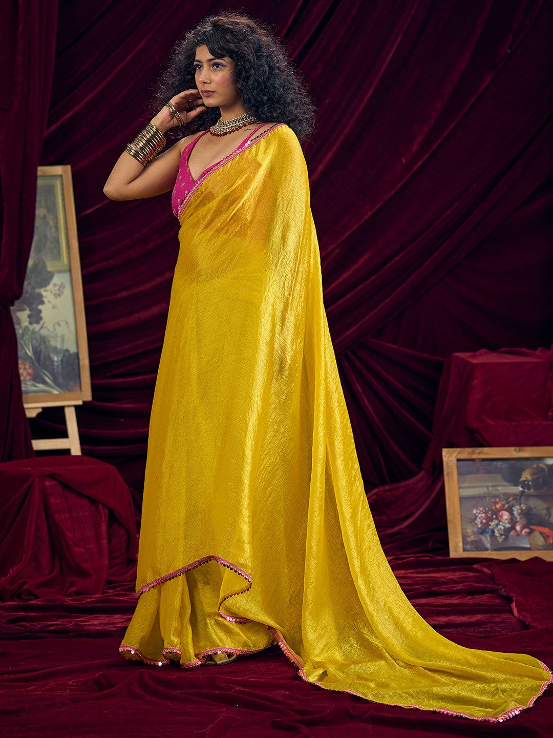 Classic Yellow Solid Art Silk Saree Featuring Sequins Embroidery & Gota Patti Lace Border