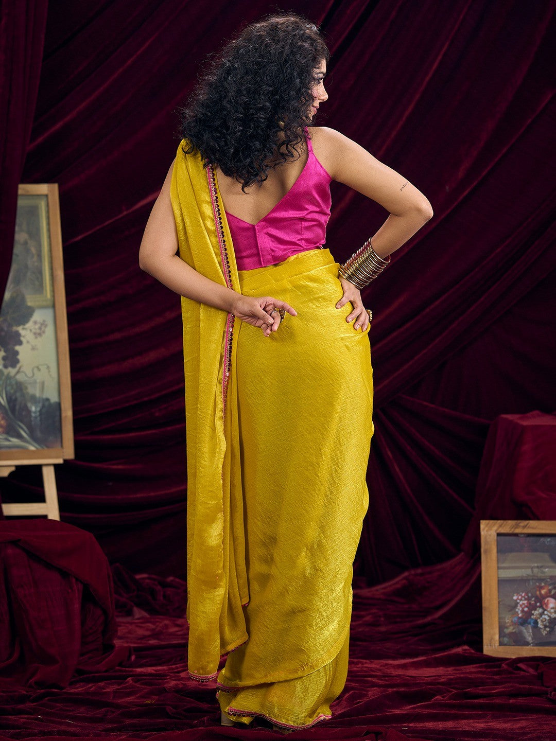 Classic Yellow Solid Art Silk Saree Featuring Sequins Embroidery & Gota Patti Lace Border