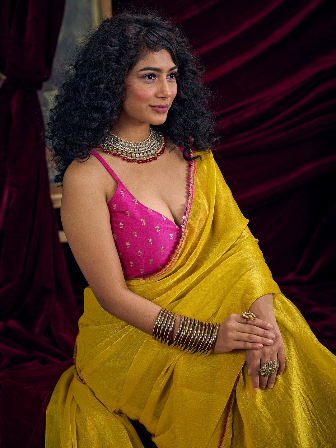 Classic Yellow Solid Art Silk Saree Featuring Sequins Embroidery & Gota Patti Lace Border