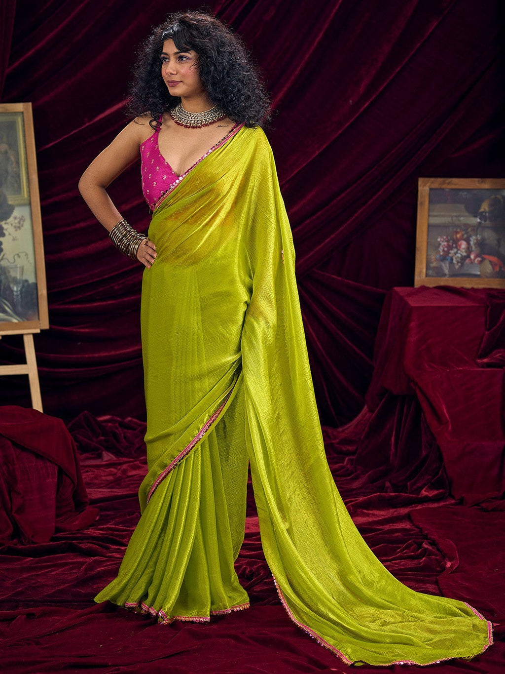 Classic Parrot Green Solid Art Silk Saree Featuring Sequins Embroidery & Gota Patti Lace Border