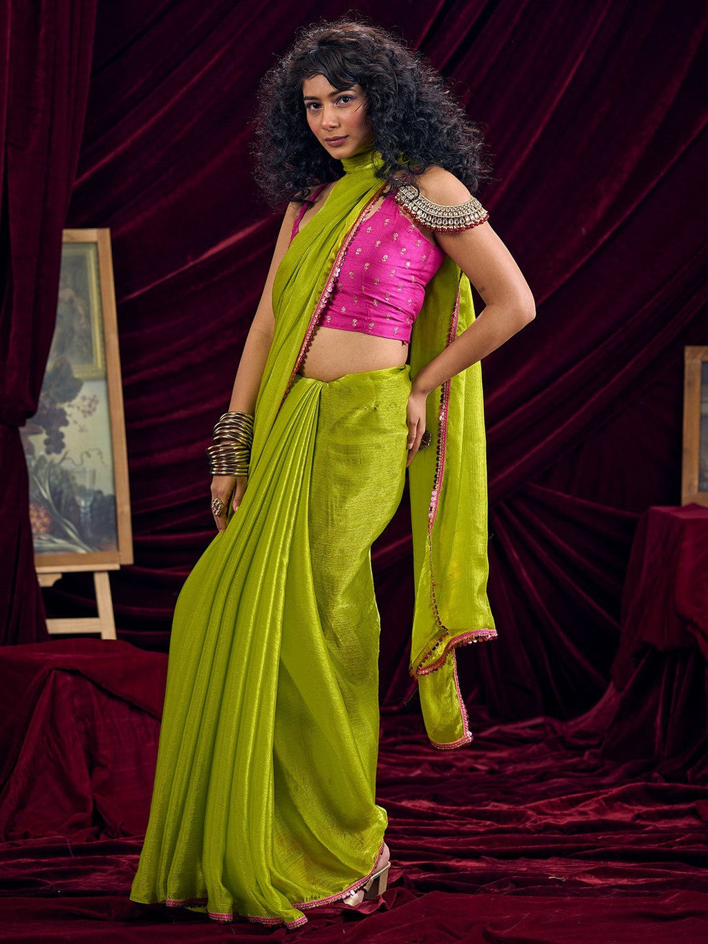 Classic Parrot Green Solid Art Silk Saree Featuring Sequins Embroidery & Gota Patti Lace Border