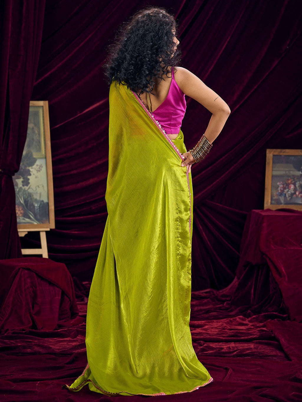 Classic Parrot Green Solid Art Silk Saree Featuring Sequins Embroidery & Gota Patti Lace Border
