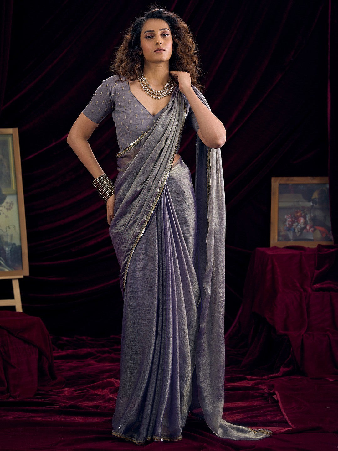 Classic Greyish Purple Solid Art Silk Saree Featuring Sequins Embroidery & Gota Patti Lace Border