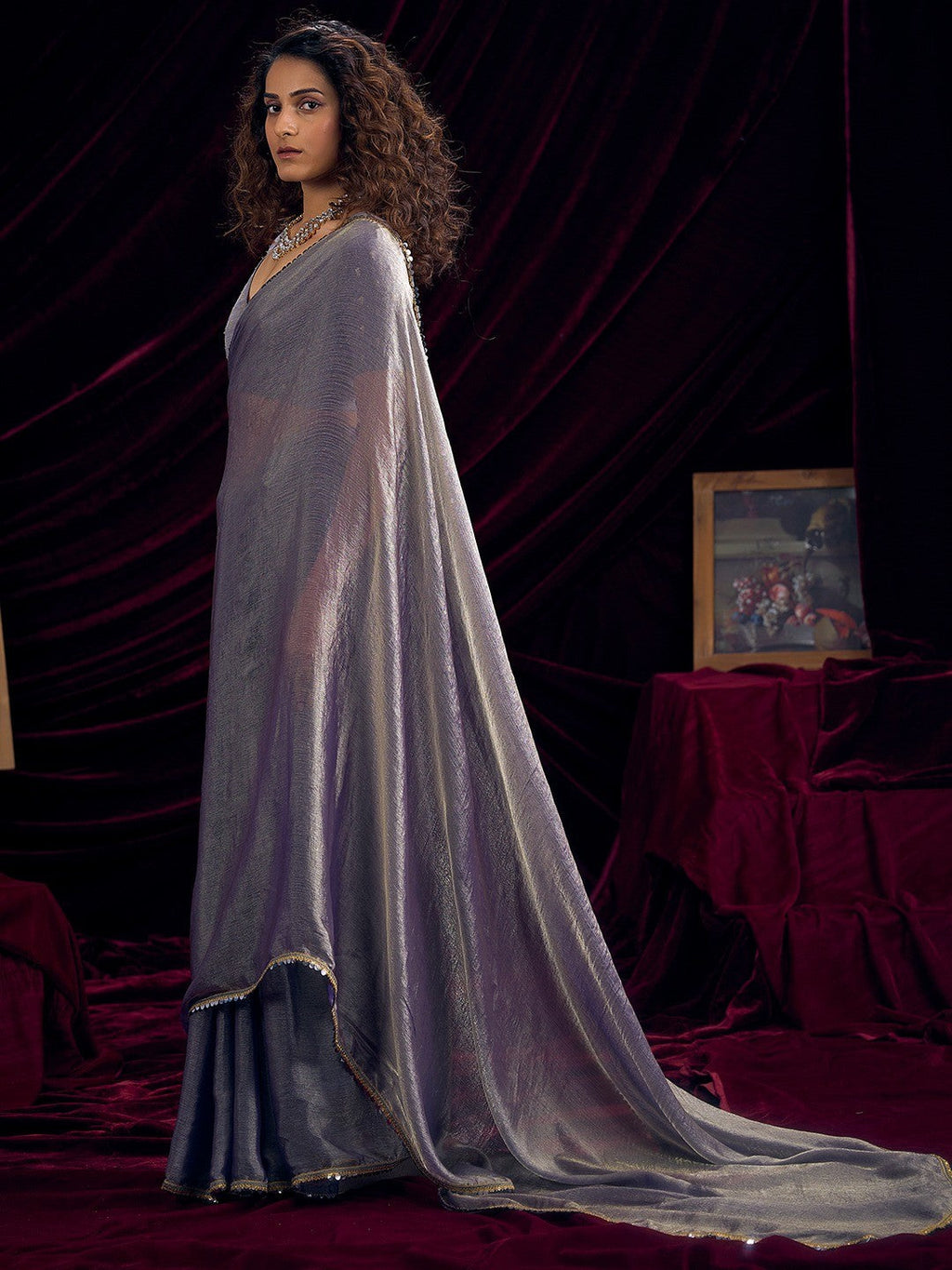 Classic Greyish Purple Solid Art Silk Saree Featuring Sequins Embroidery & Gota Patti Lace Border