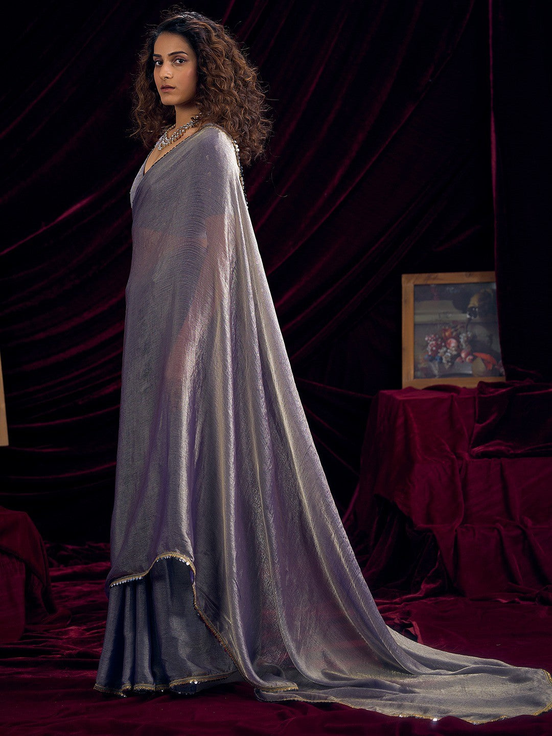 Classic Greyish Purple Solid Art Silk Saree Featuring Sequins Embroidery & Gota Patti Lace Border