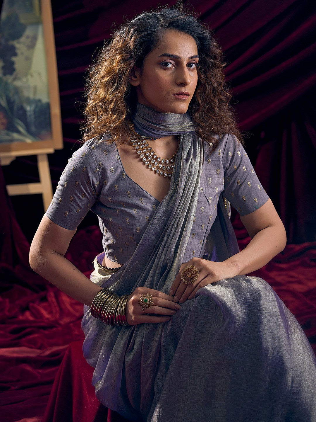 Classic Greyish Purple Solid Art Silk Saree Featuring Sequins Embroidery & Gota Patti Lace Border