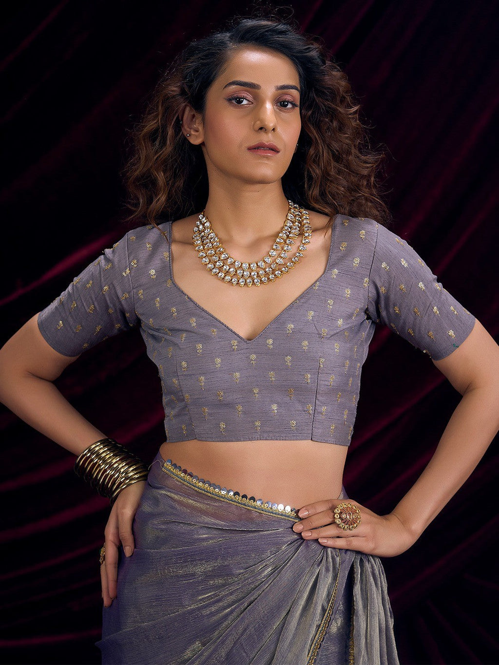 Classic Greyish Purple Solid Art Silk Saree Featuring Sequins Embroidery & Gota Patti Lace Border