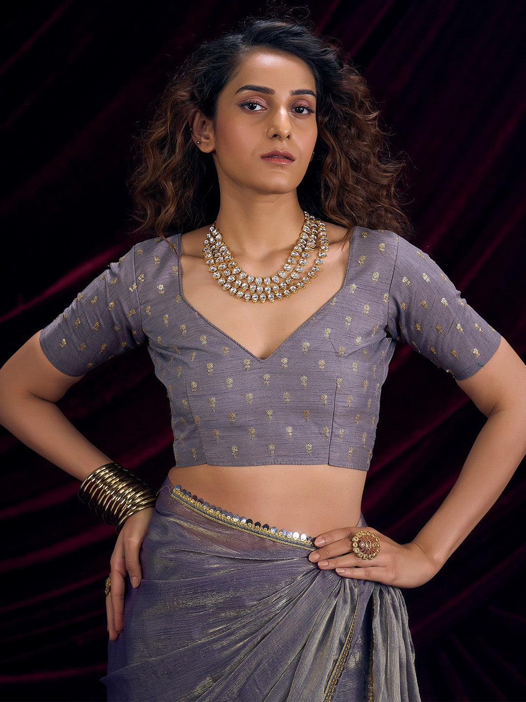 Classic Greyish Purple Solid Art Silk Saree Featuring Sequins Embroidery & Gota Patti Lace Border