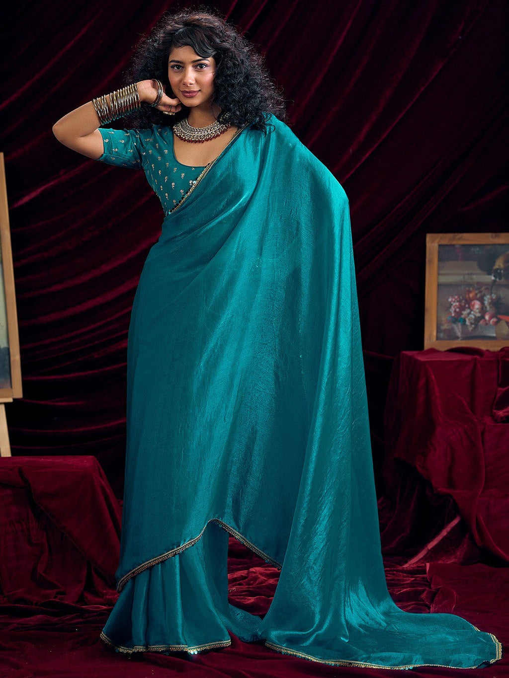 Classic Rama Blue Solid Art Silk Saree Featuring Sequins Embroidery & Gota Patti Lace Border
