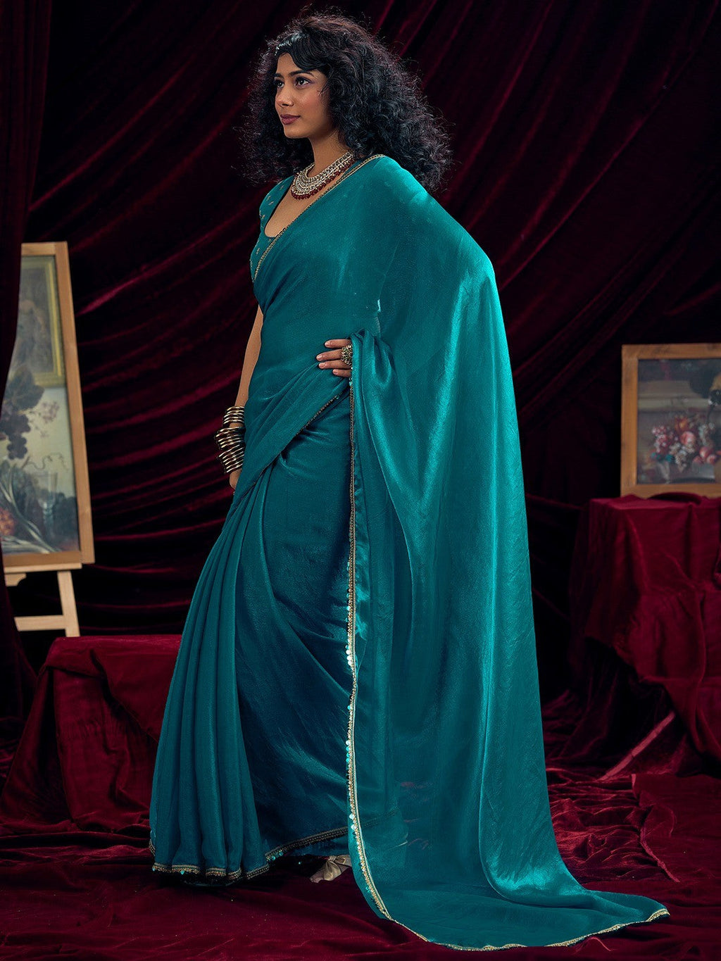 Classic Rama Blue Solid Art Silk Saree Featuring Sequins Embroidery & Gota Patti Lace Border