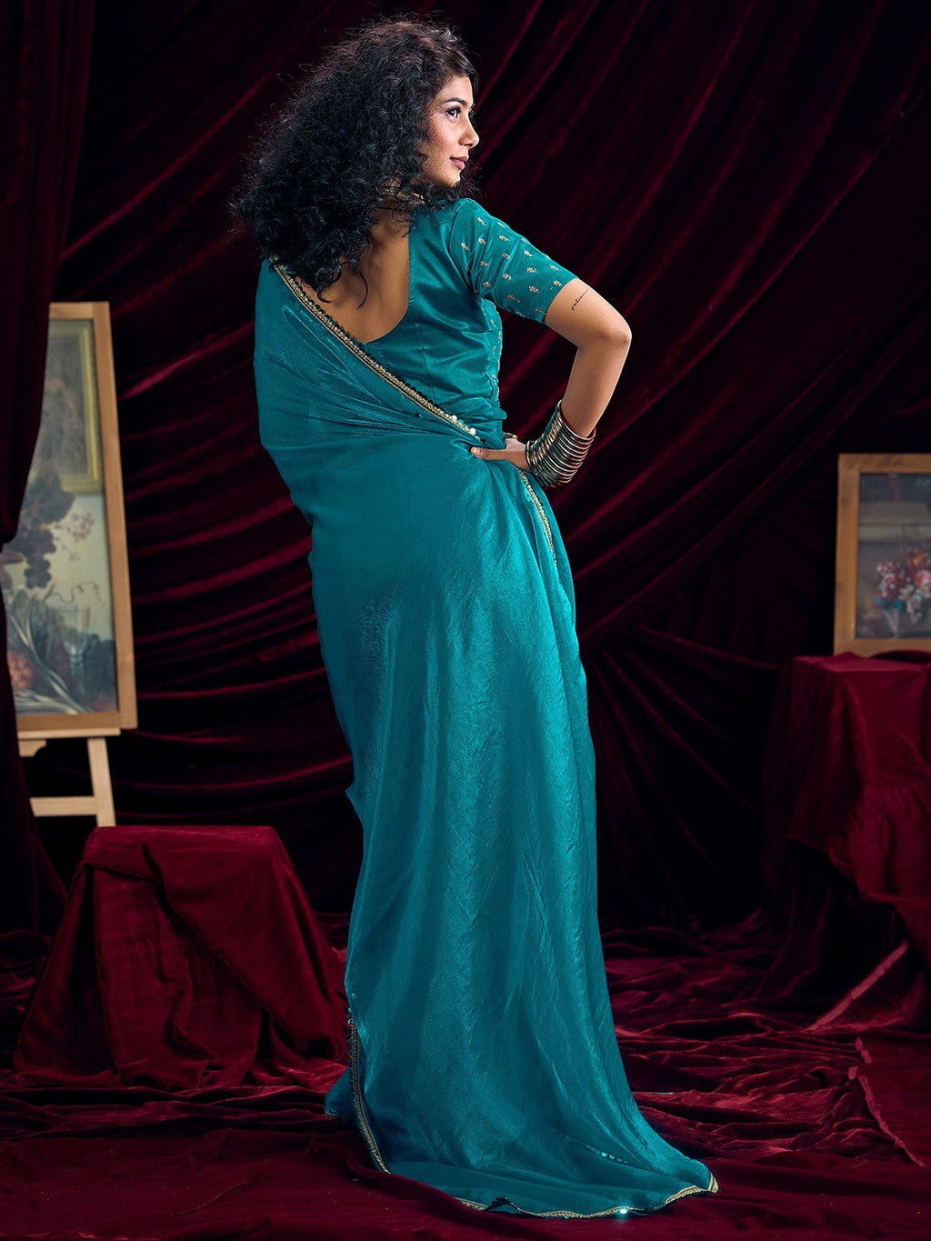 Classic Rama Blue Solid Art Silk Saree Featuring Sequins Embroidery & Gota Patti Lace Border