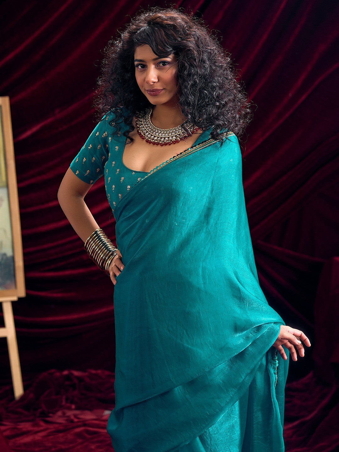Classic Rama Blue Solid Art Silk Saree Featuring Sequins Embroidery & Gota Patti Lace Border