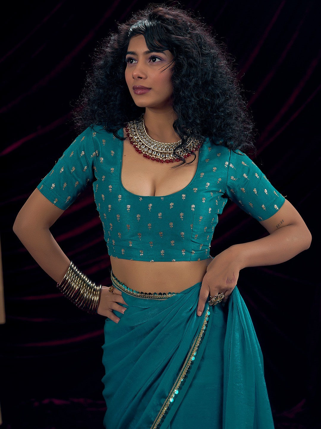 Classic Rama Blue Solid Art Silk Saree Featuring Sequins Embroidery & Gota Patti Lace Border