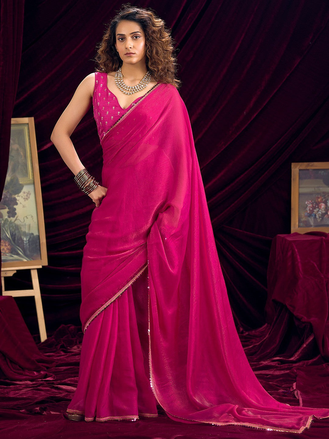 Classic Pink Solid Art Silk Saree Featuring Sequins Embroidery & Gota Patti Lace Border