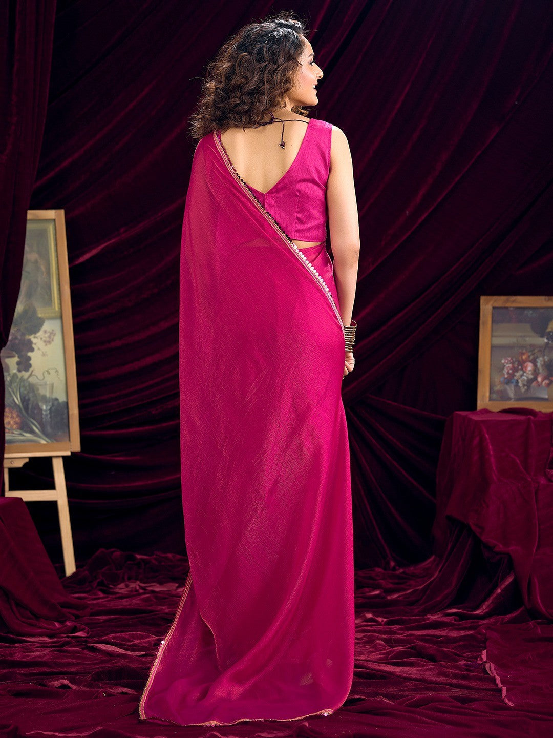 Classic Pink Solid Art Silk Saree Featuring Sequins Embroidery & Gota Patti Lace Border