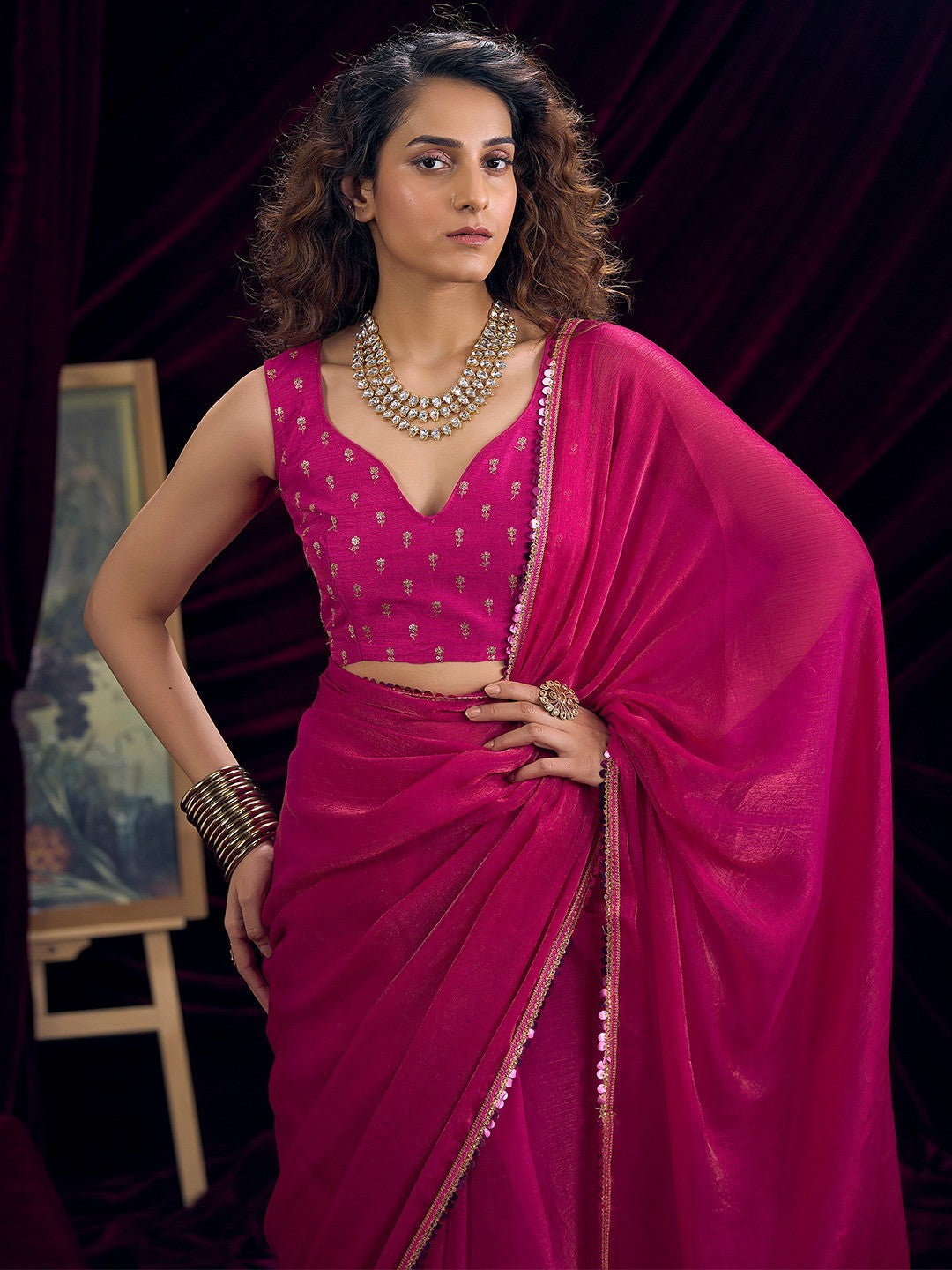 Classic Pink Solid Art Silk Saree Featuring Sequins Embroidery & Gota Patti Lace Border