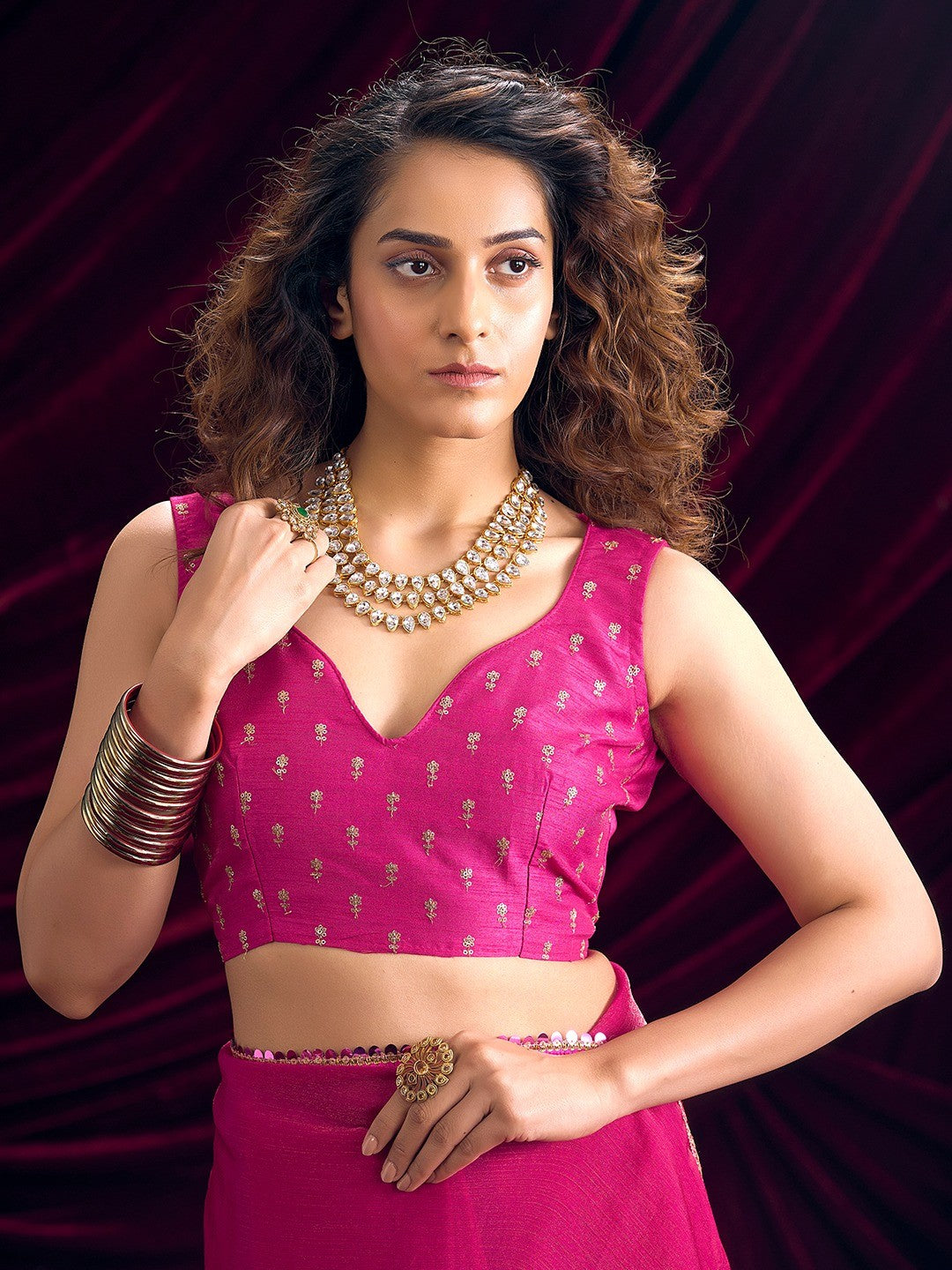 Classic Pink Solid Art Silk Saree Featuring Sequins Embroidery & Gota Patti Lace Border