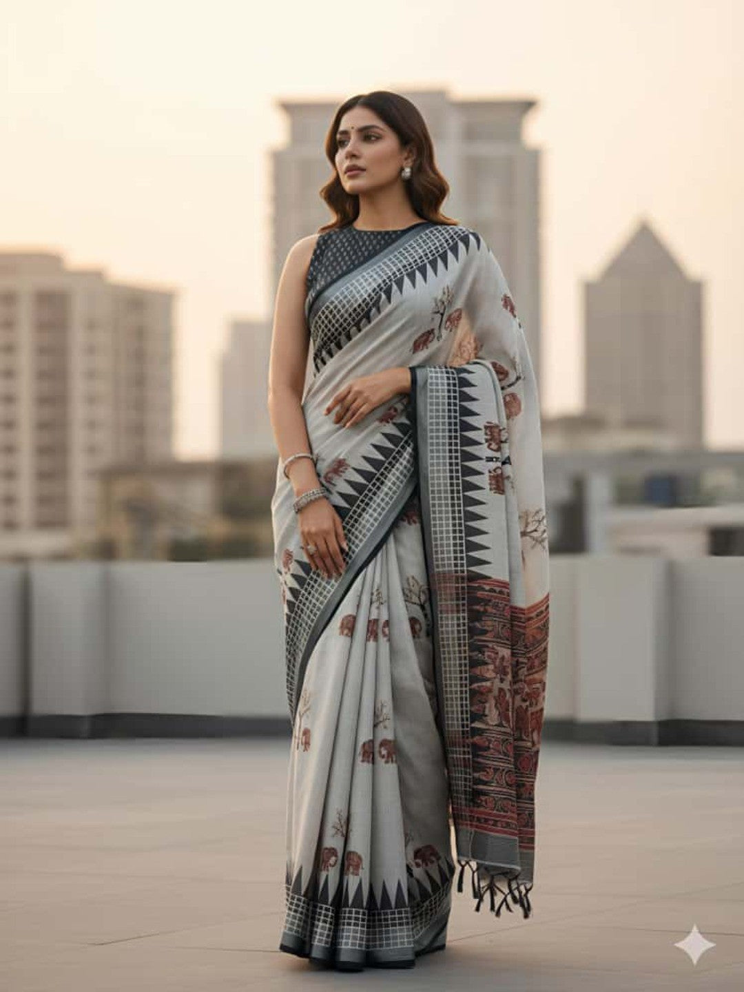 Elegant Grey Linen Saree With Elephant Print and Zig Zag Geometric Border