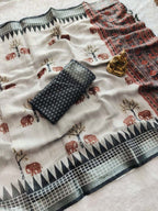 Elegant Grey Linen Saree With Elephant Print and Zig Zag Geometric Border