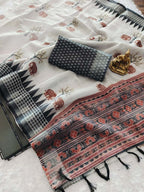 Elegant Grey Linen Saree With Elephant Print and Zig Zag Geometric Border
