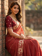 Sophisticated Coral Pink Striped Pattern Georgette Saree With Floral Thread Embroidered Border