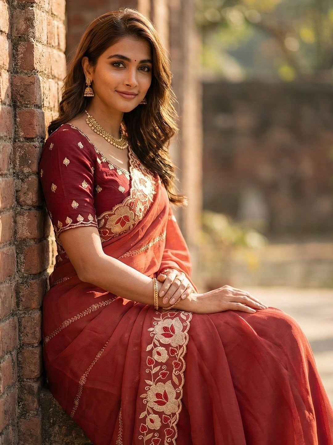 Sophisticated Coral Pink Striped Pattern Georgette Saree With Floral Thread Embroidered Border
