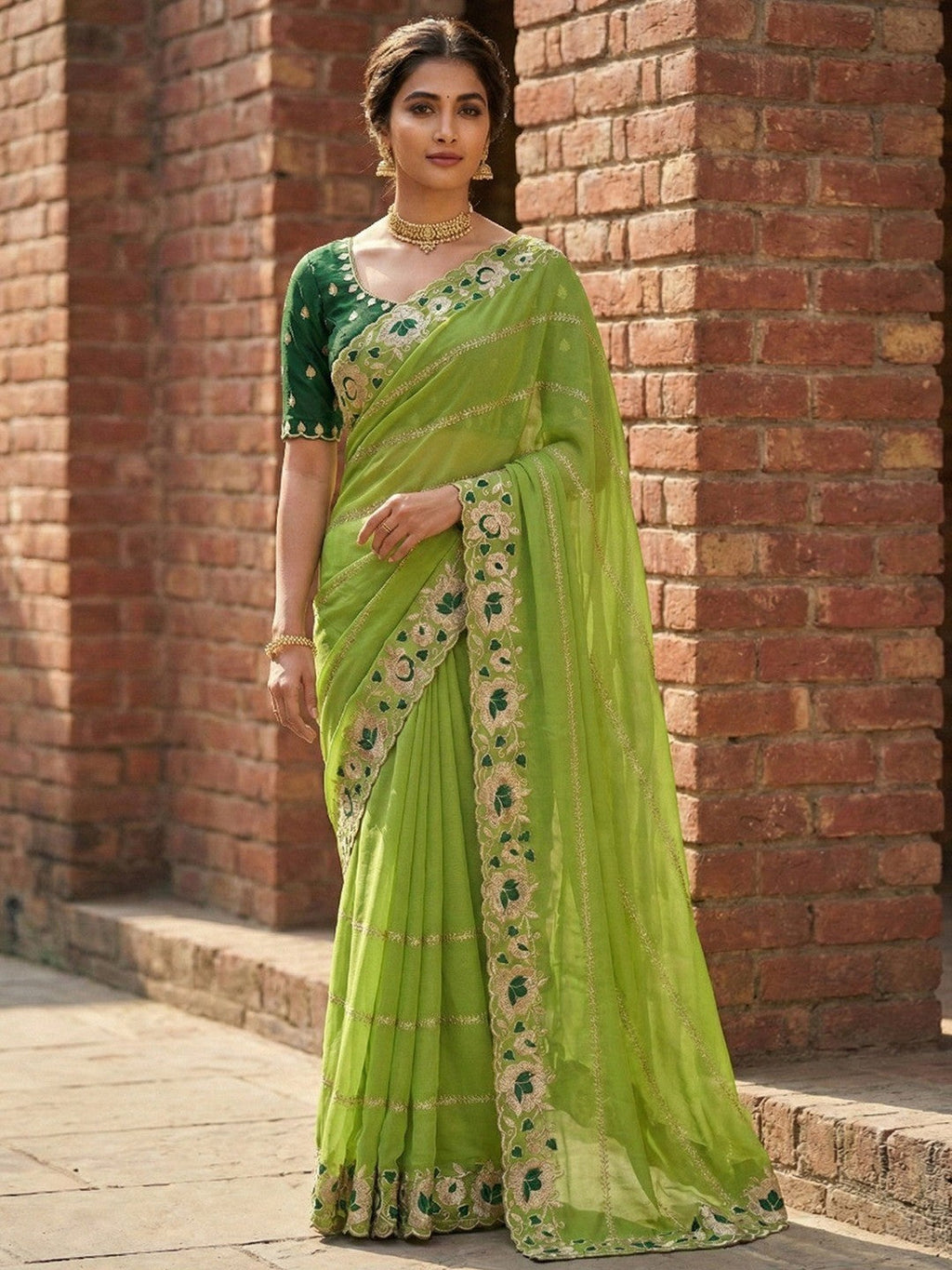 Sophisticated Green Striped Pattern Georgette Saree With Floral Thread Embroidered Border