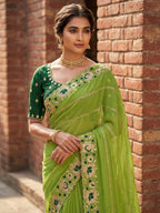 Sophisticated Green Striped Pattern Georgette Saree With Floral Thread Embroidered Border