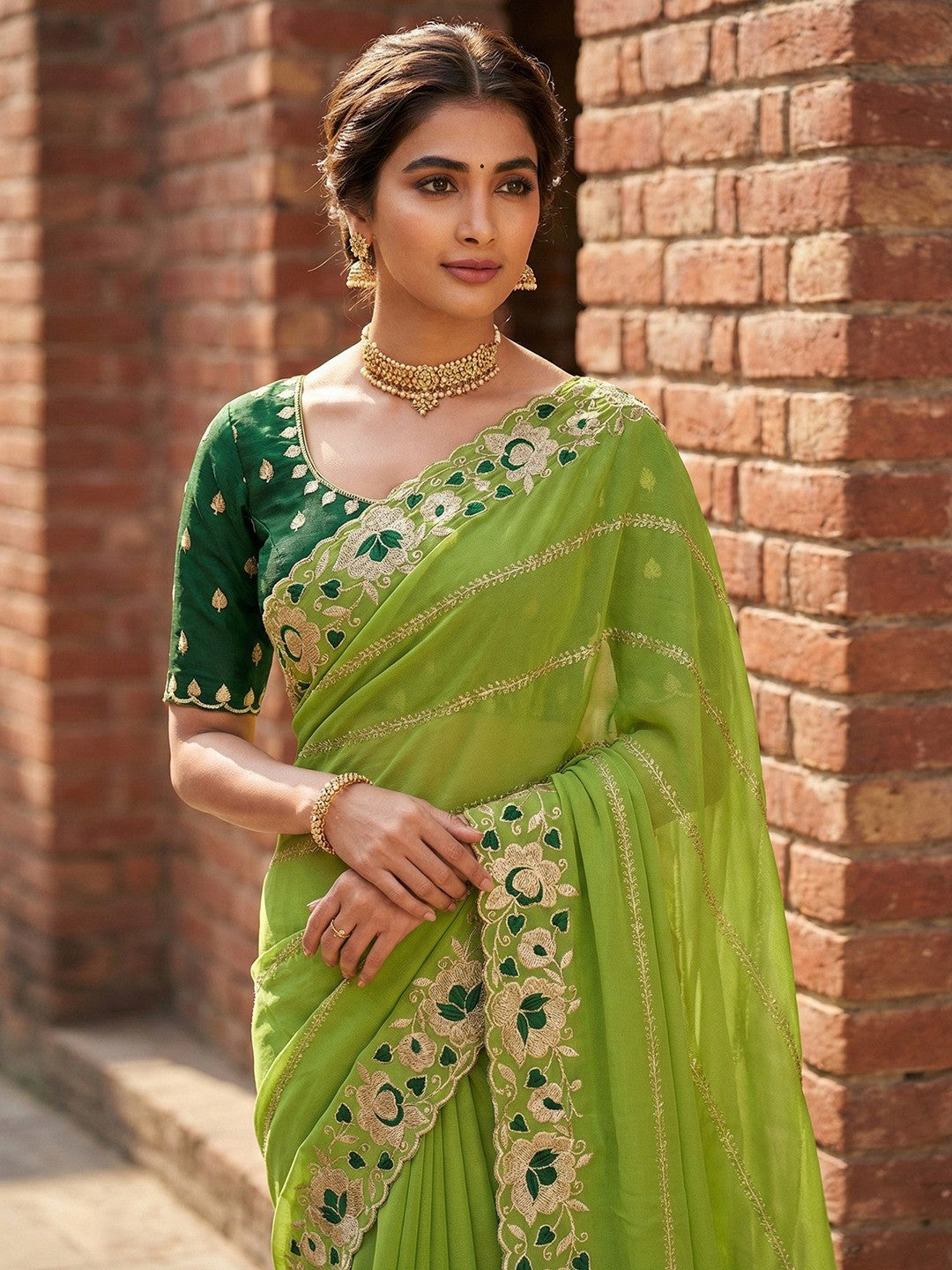 Sophisticated Green Striped Pattern Georgette Saree With Floral Thread Embroidered Border