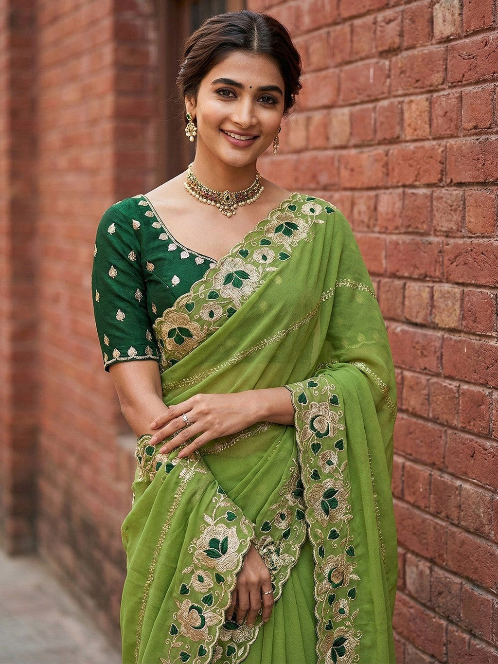 Sophisticated Green Striped Pattern Georgette Saree With Floral Thread Embroidered Border