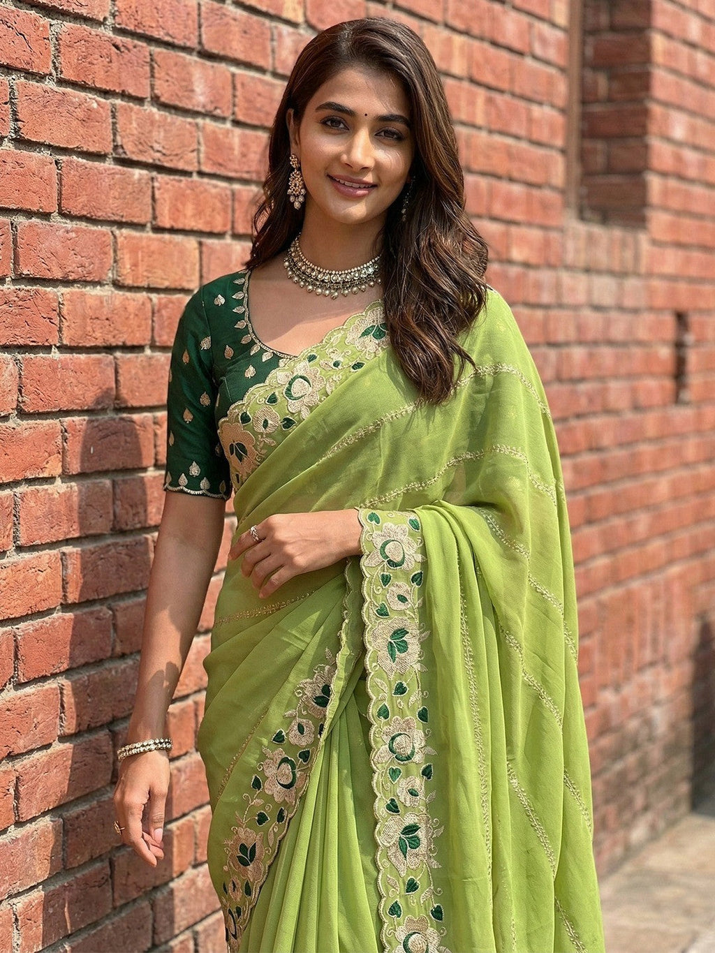Sophisticated Green Striped Pattern Georgette Saree With Floral Thread Embroidered Border