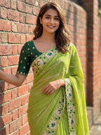 Sophisticated Green Striped Pattern Georgette Saree With Floral Thread Embroidered Border