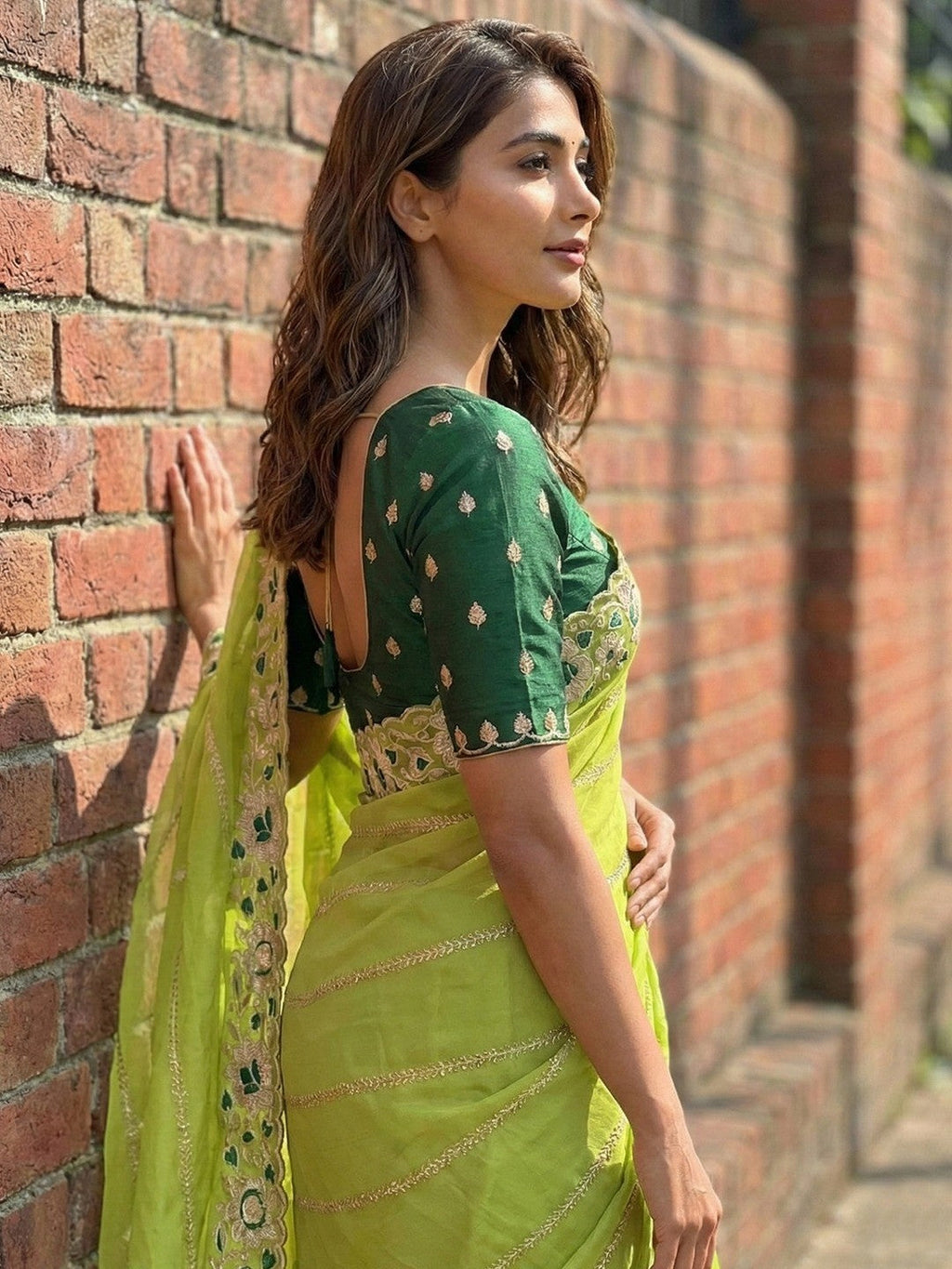 Sophisticated Green Striped Pattern Georgette Saree With Floral Thread Embroidered Border