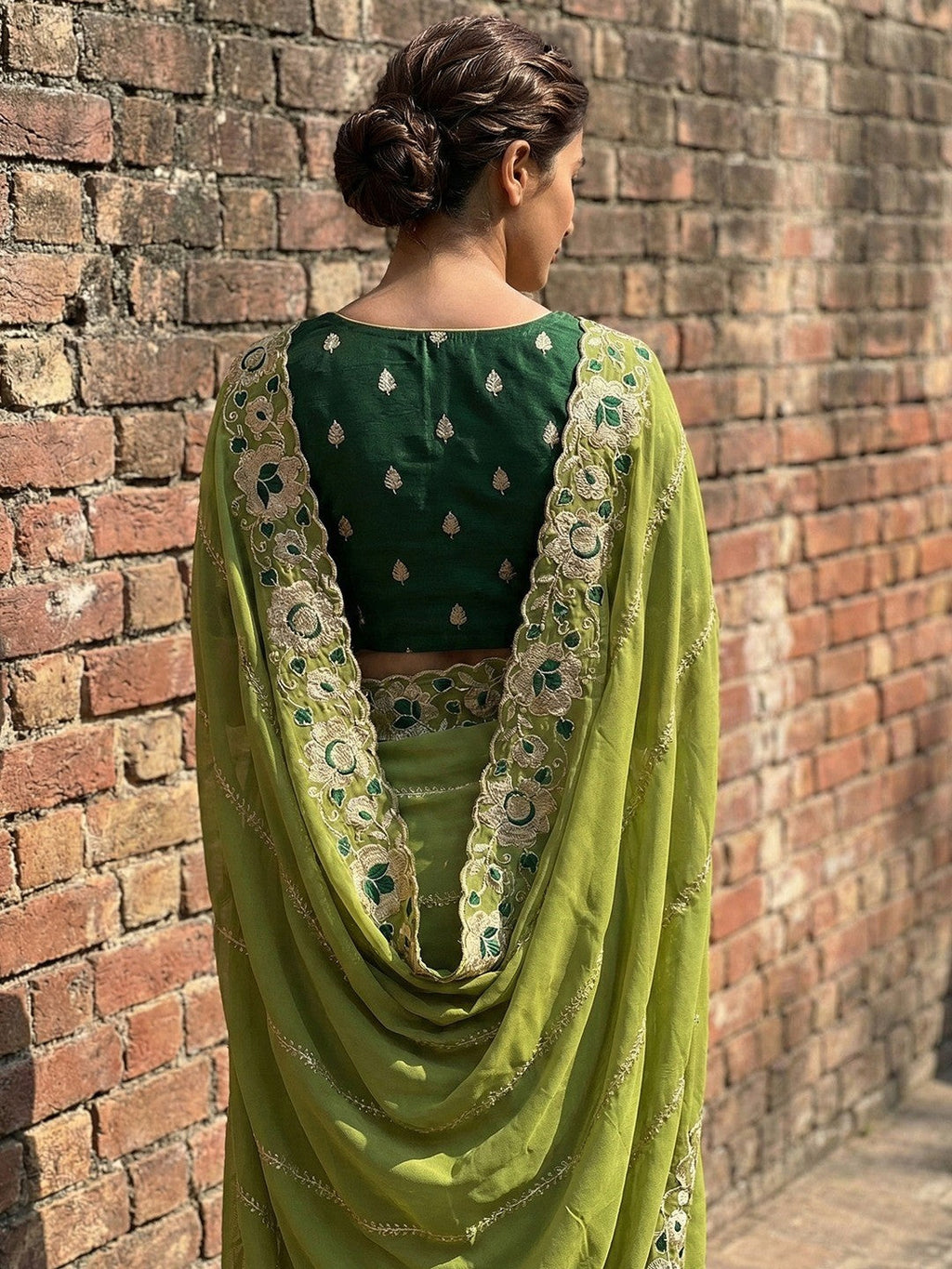 Sophisticated Green Striped Pattern Georgette Saree With Floral Thread Embroidered Border