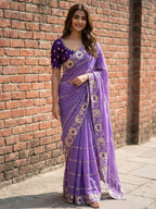 Sophisticated Lavender Striped Pattern Georgette Saree With Floral Thread Embroidered Border