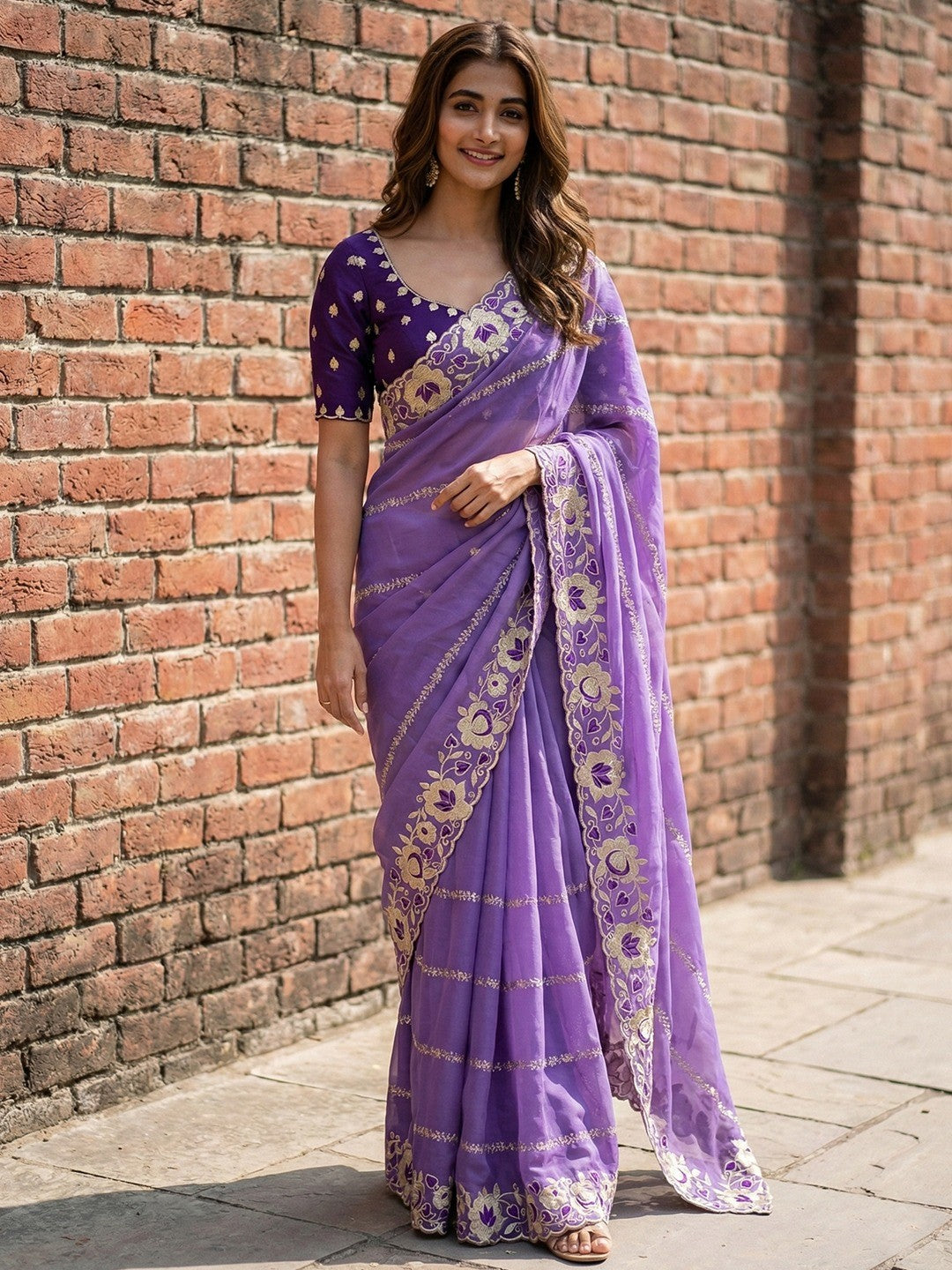Sophisticated Lavender Striped Pattern Georgette Saree With Floral Thread Embroidered Border