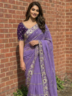 Sophisticated Lavender Striped Pattern Georgette Saree With Floral Thread Embroidered Border