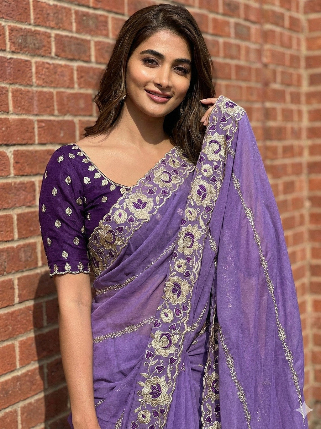 Sophisticated Lavender Striped Pattern Georgette Saree With Floral Thread Embroidered Border