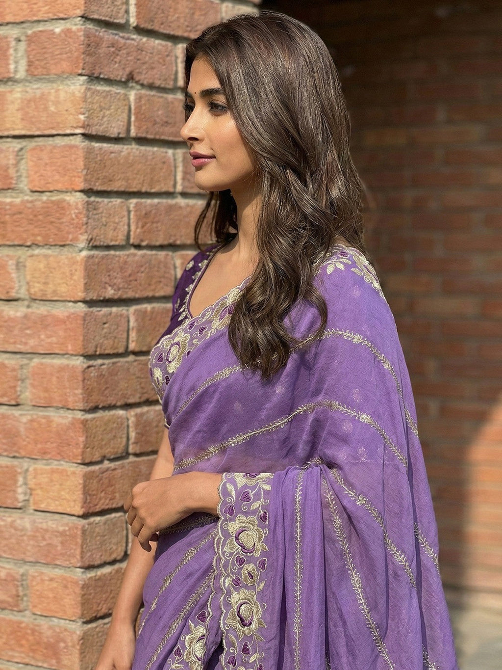 Sophisticated Lavender Striped Pattern Georgette Saree With Floral Thread Embroidered Border