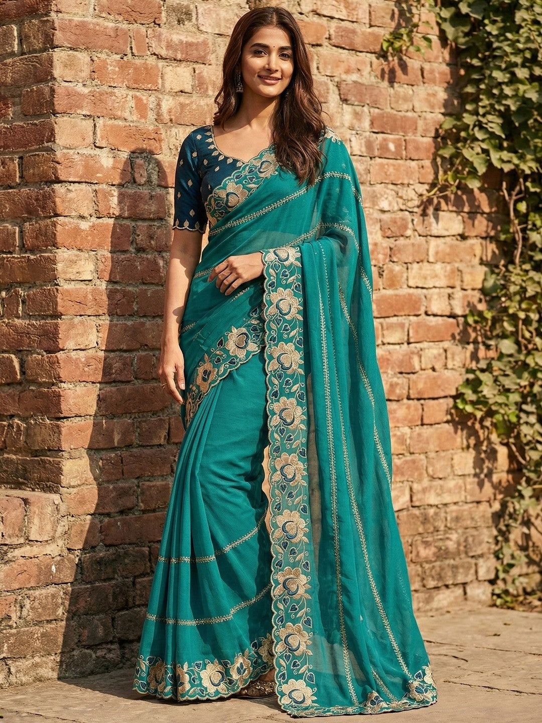 Sophisticated Teal Striped Pattern Georgette Saree With Floral Thread Embroidered Border
