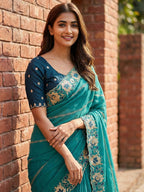 Sophisticated Teal Striped Pattern Georgette Saree With Floral Thread Embroidered Border