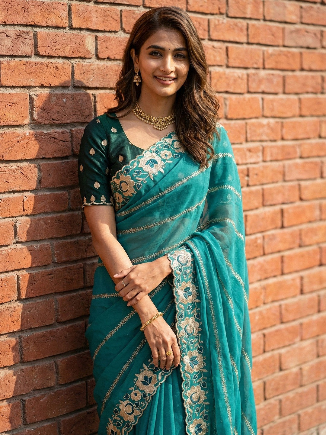 Sophisticated Teal Striped Pattern Georgette Saree With Floral Thread Embroidered Border