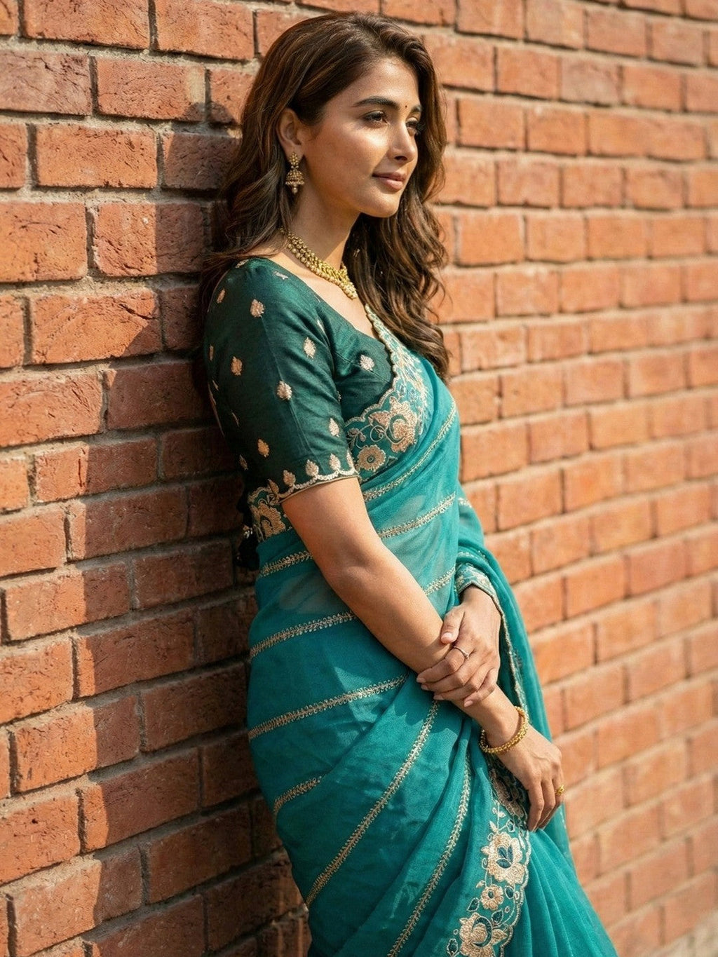 Sophisticated Teal Striped Pattern Georgette Saree With Floral Thread Embroidered Border