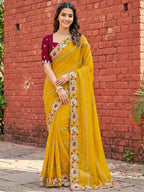 Sophisticated Yellow Striped Pattern Georgette Saree With Floral Thread Embroidered Border