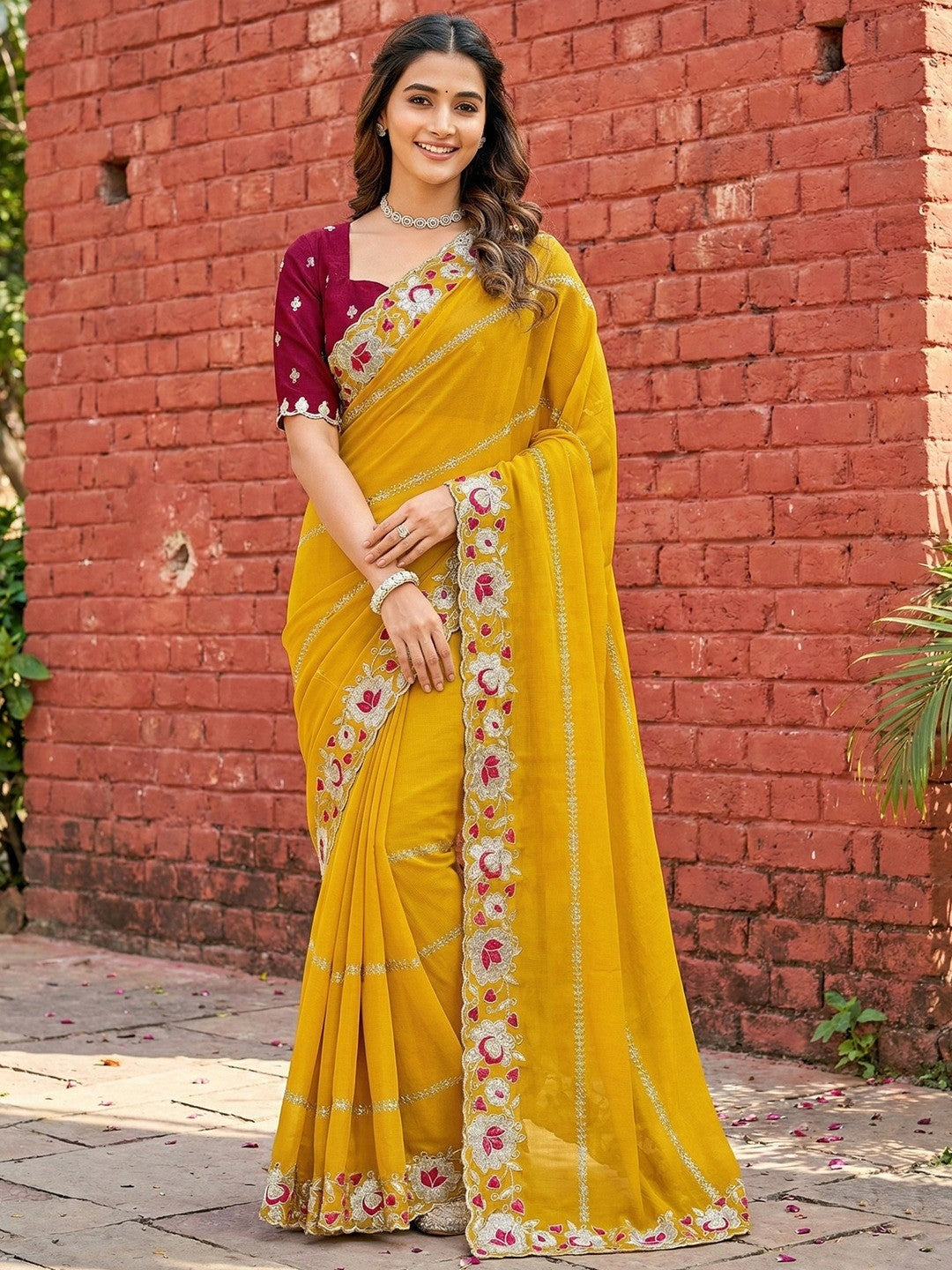 Sophisticated Yellow Striped Pattern Georgette Saree With Floral Thread Embroidered Border