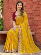 Sophisticated Yellow Striped Pattern Georgette Saree With Floral Thread Embroidered Border