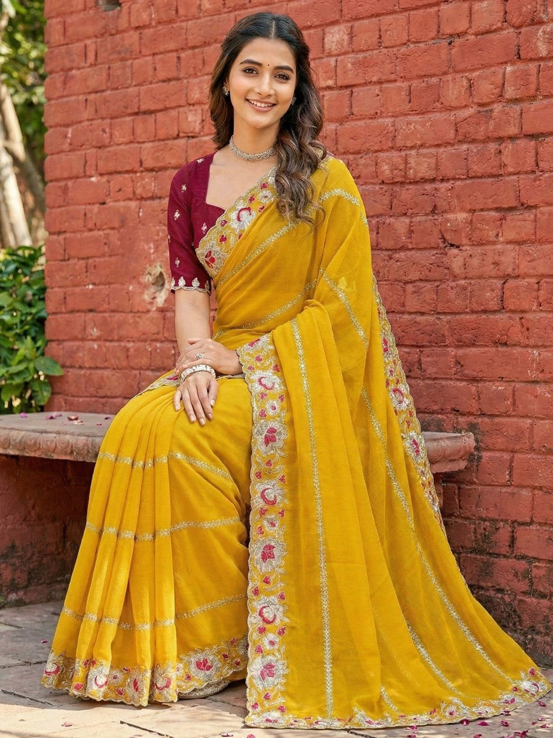 Sophisticated Yellow Striped Pattern Georgette Saree With Floral Thread Embroidered Border