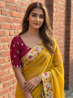 Sophisticated Yellow Striped Pattern Georgette Saree With Floral Thread Embroidered Border