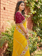 Sophisticated Yellow Striped Pattern Georgette Saree With Floral Thread Embroidered Border